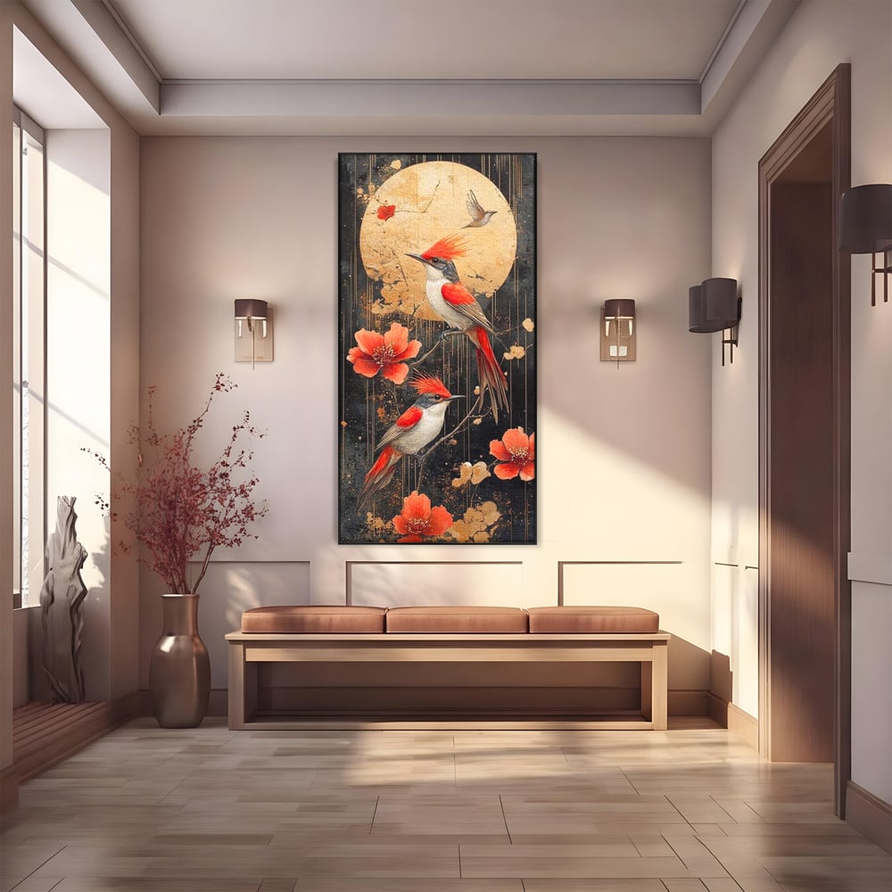 Tablou canvas cu tablou canvas cu pasari si flori rosii, in rama de aluminiu negru
